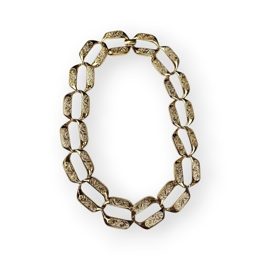 Vintage 80s Chain Necklace Floral Wide Hexagon Link Gold Plated Heavy 17.5" Long - Picture 2 of 7